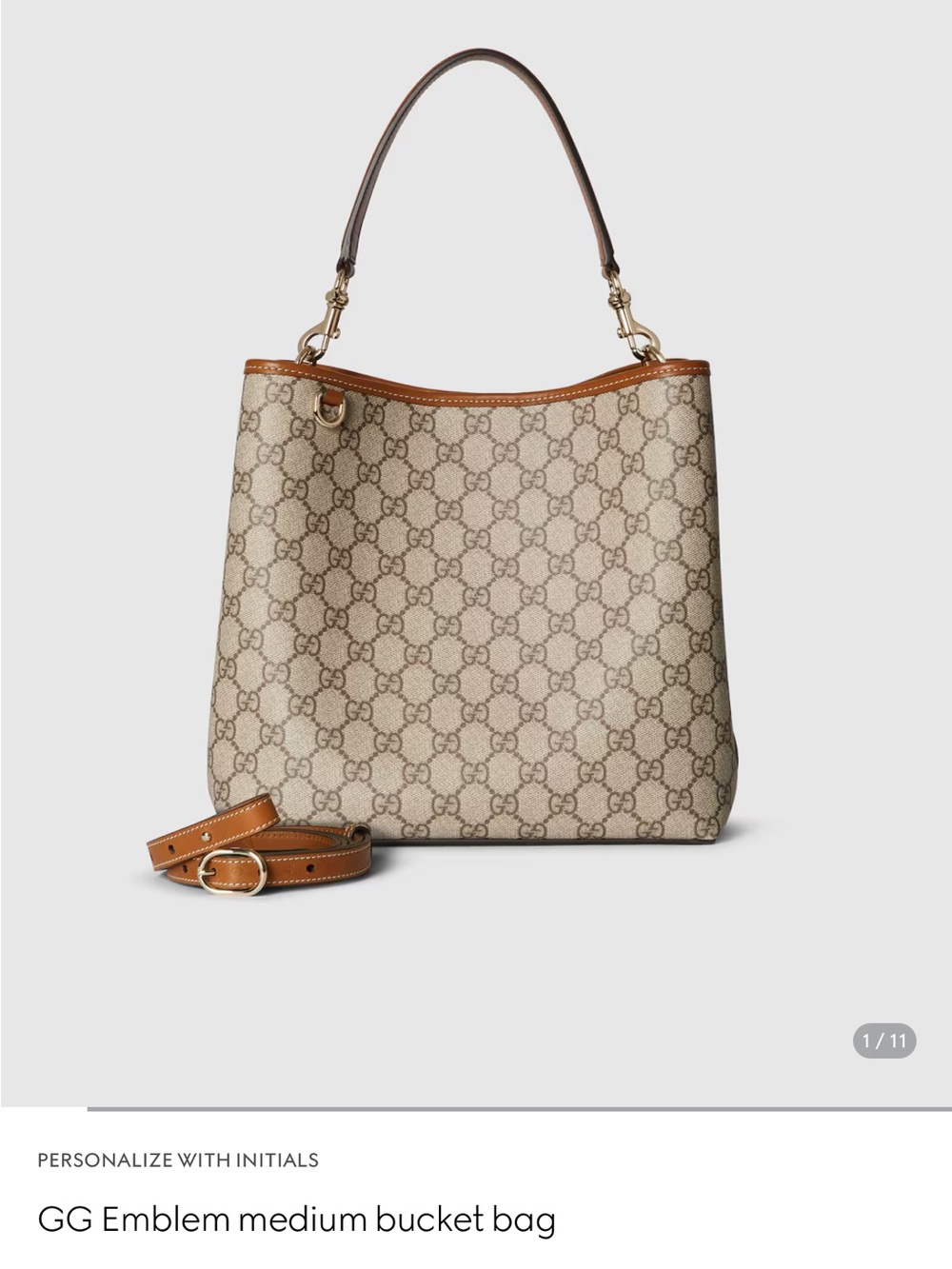 Authentic Gucci Beige GG Canvas Medium Bucket Bag with Chestnut Trim